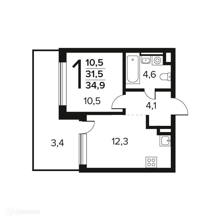 1-комнатная квартира 34.9 м² Новые Ватутинки Заречный