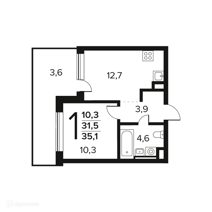 1-комнатная квартира 35.1 м² Новые Ватутинки Заречный