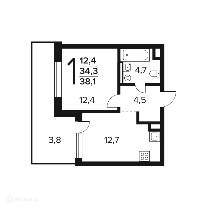1-комнатная квартира 38.1 м² Новые Ватутинки Заречный