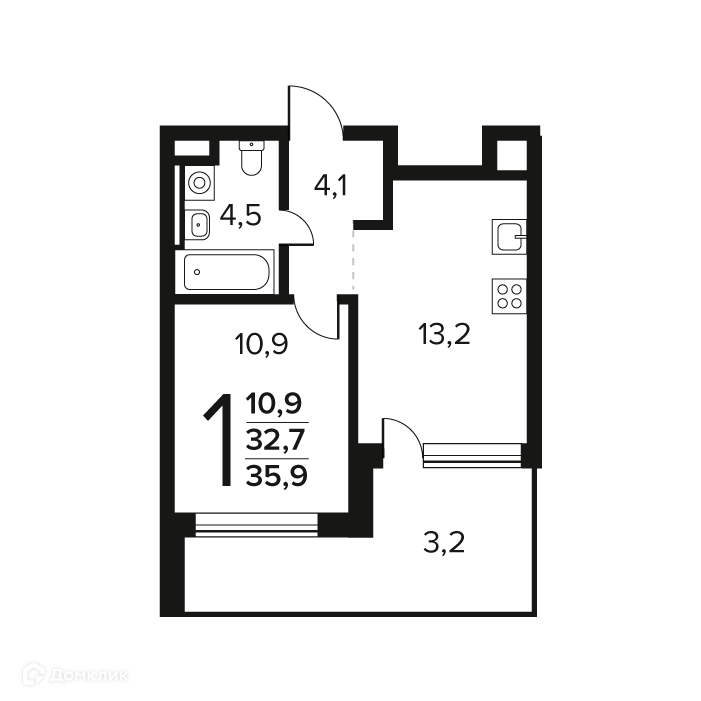 1-комнатная квартира 35.9 м² Новые Ватутинки Заречный