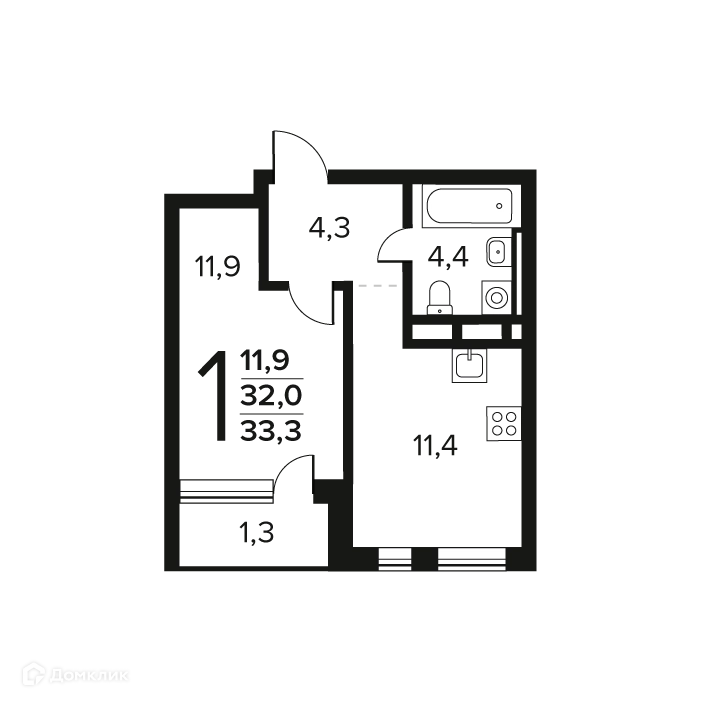 1-комнатная квартира 33.3 м² Новые Ватутинки Заречный
