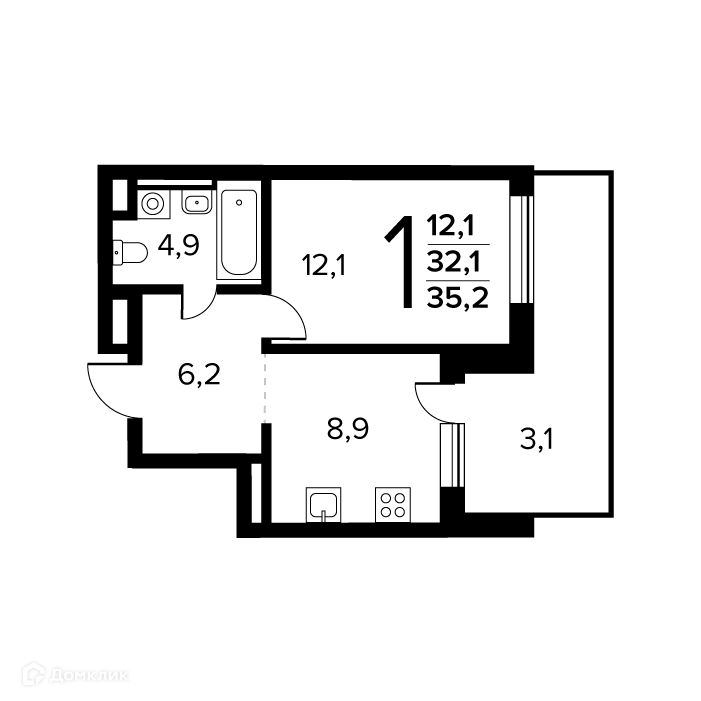 1-комнатная квартира 35.2 м² Новые Ватутинки Заречный
