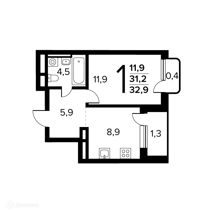 1-комнатная квартира 32.9 м² Новые Ватутинки Заречный