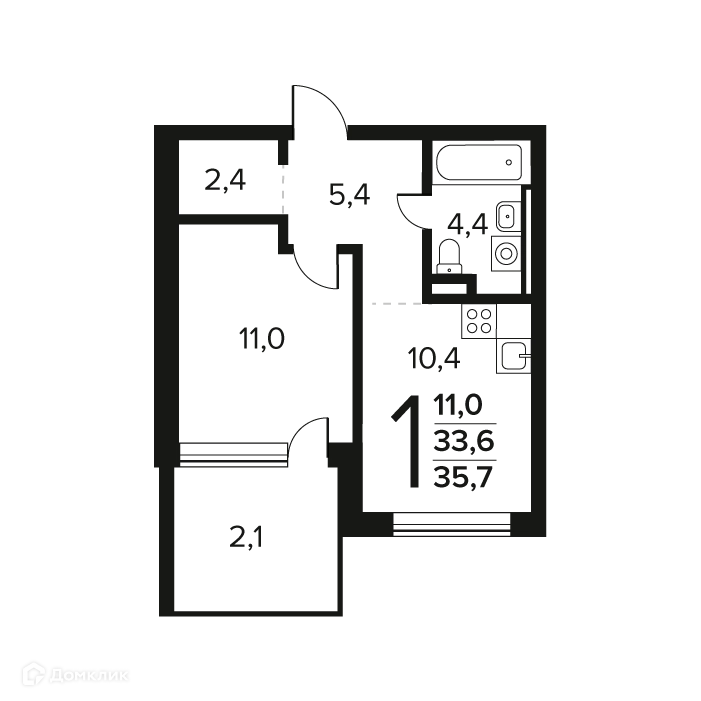 1-комнатная квартира 35.7 м² Новые Ватутинки Заречный