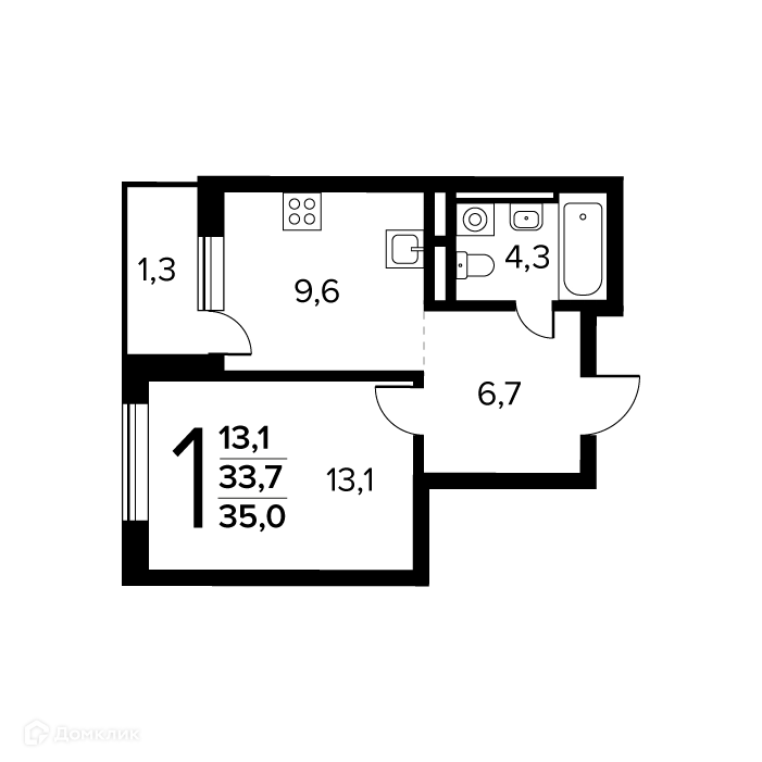 1-комнатная квартира 35 м² Новые Ватутинки Заречный