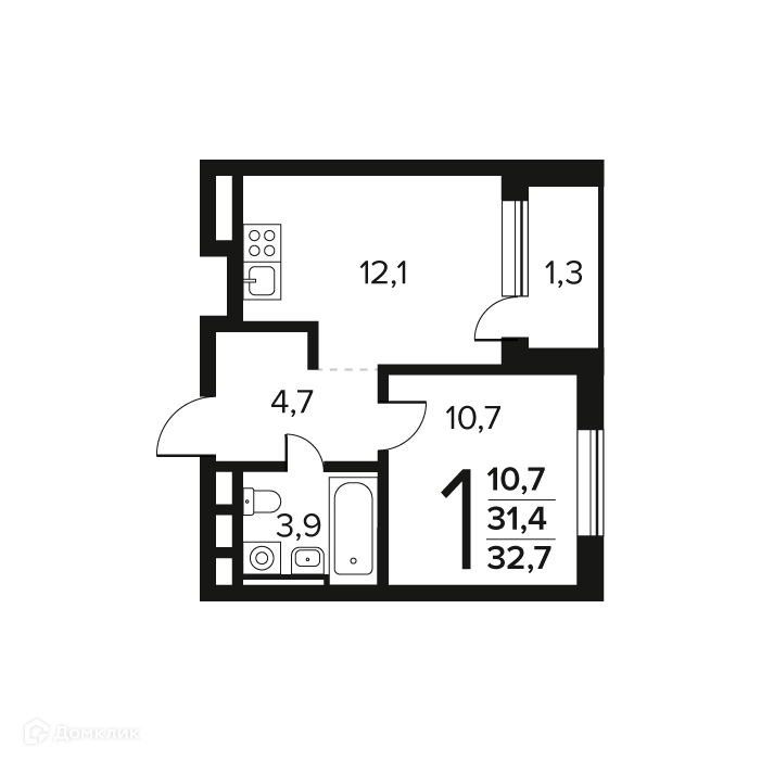 1-комнатная квартира 32.7 м² Новые Ватутинки Заречный