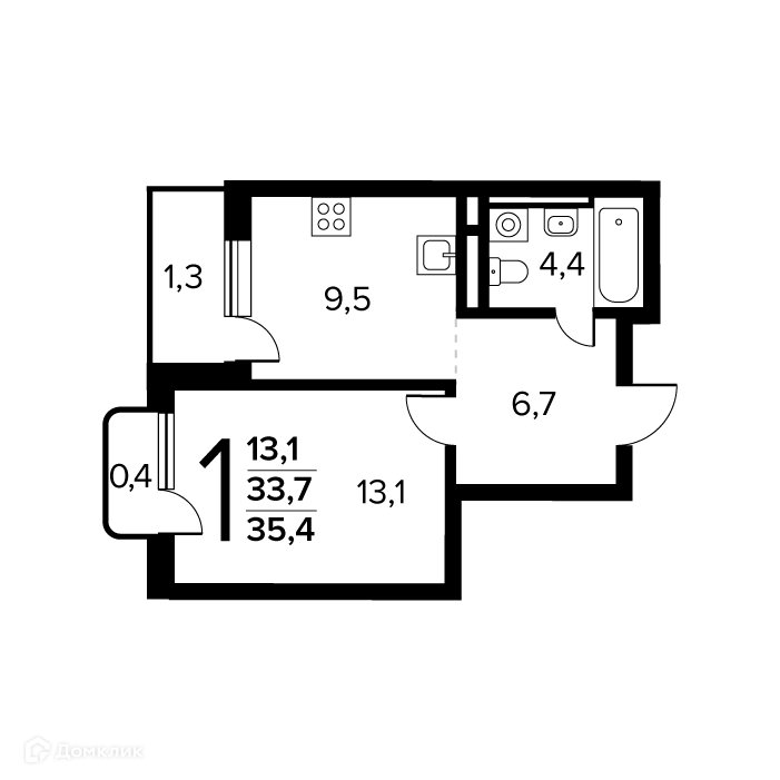 1-комнатная квартира 35.4 м² Новые Ватутинки Заречный