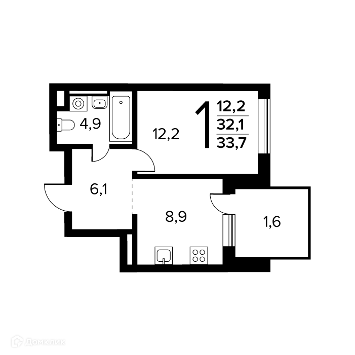 1-комнатная квартира 33.7 м² Новые Ватутинки Заречный