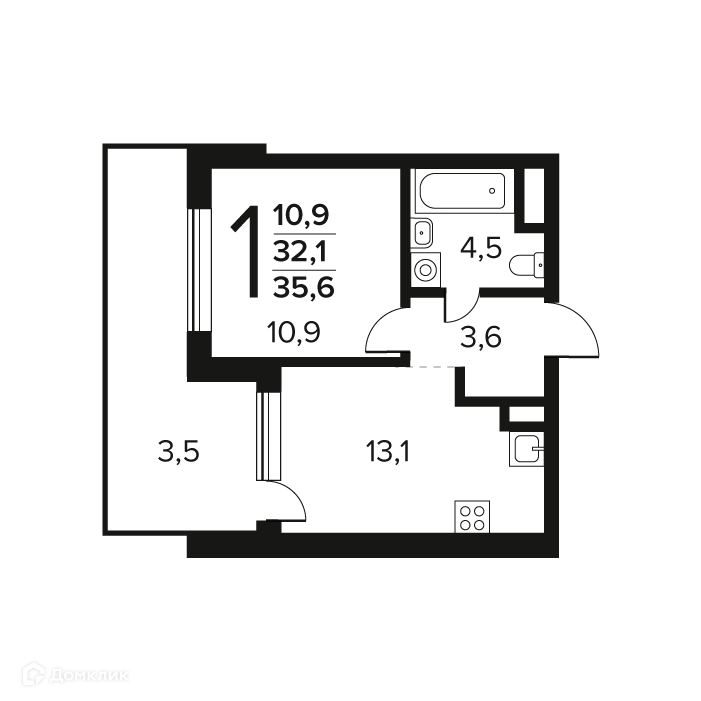 1-комнатная квартира 35.6 м² Новые Ватутинки Заречный