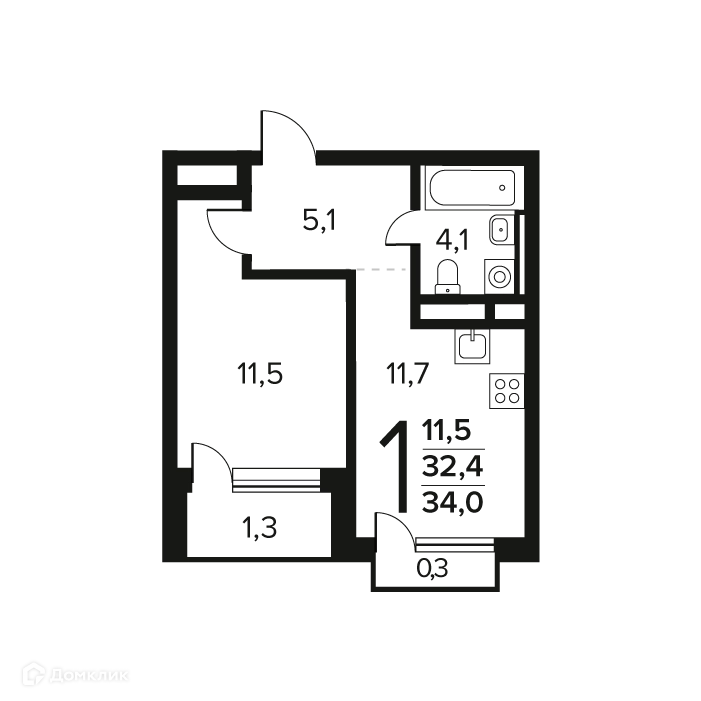 1-комнатная квартира 34 м² Новые Ватутинки Заречный