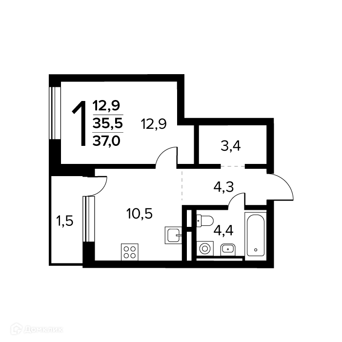 1-комнатная квартира 37 м² Новые Ватутинки Заречный