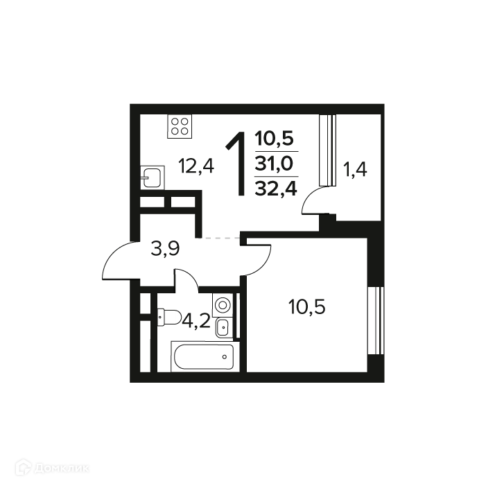1-комнатная квартира 32.4 м² Новые Ватутинки Заречный
