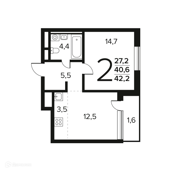 2-комнатная квартира 42.2 м² Новые Ватутинки Заречный