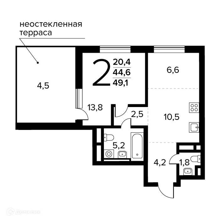 2-комнатная квартира 49.1 м² Новые Ватутинки Заречный