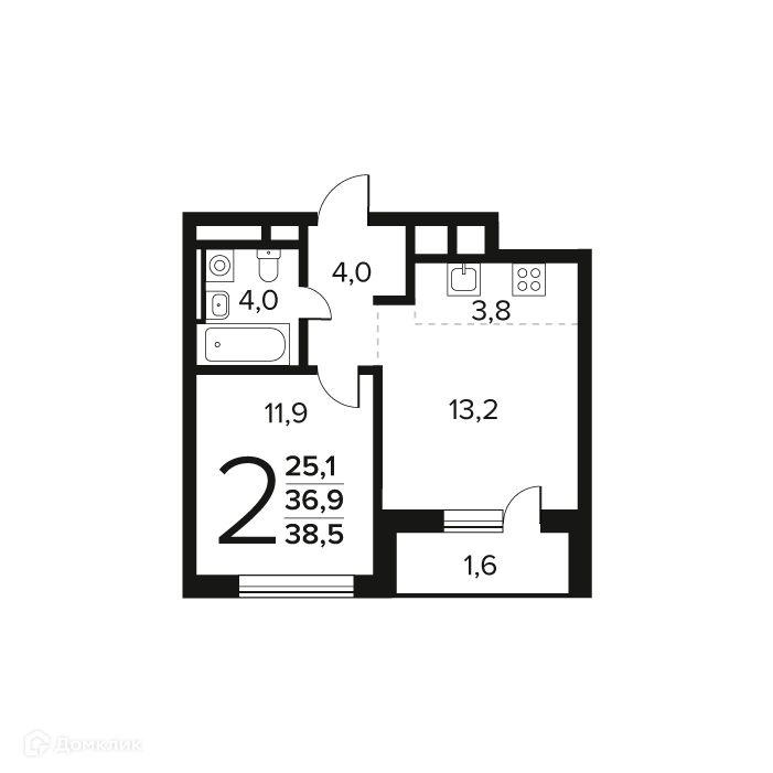 2-комнатная квартира 38.5 м² Новые Ватутинки Заречный