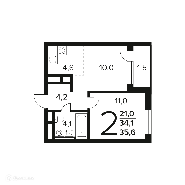 2-комнатная квартира 35.6 м² Новые Ватутинки Заречный
