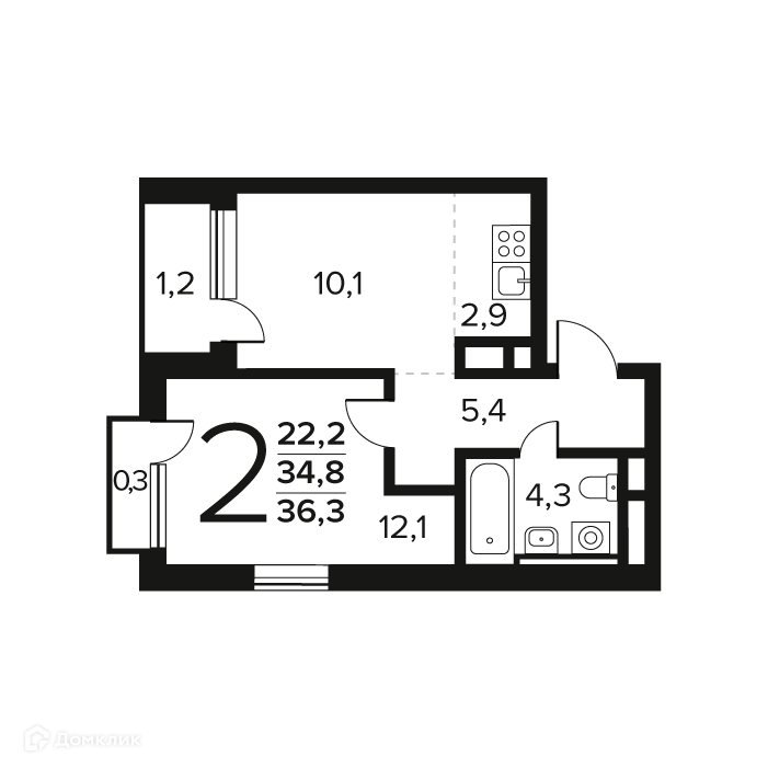 2-комнатная квартира 36.3 м² Новые Ватутинки Заречный