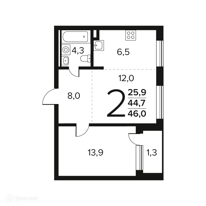 2-комнатная квартира 46 м² Новые Ватутинки Заречный