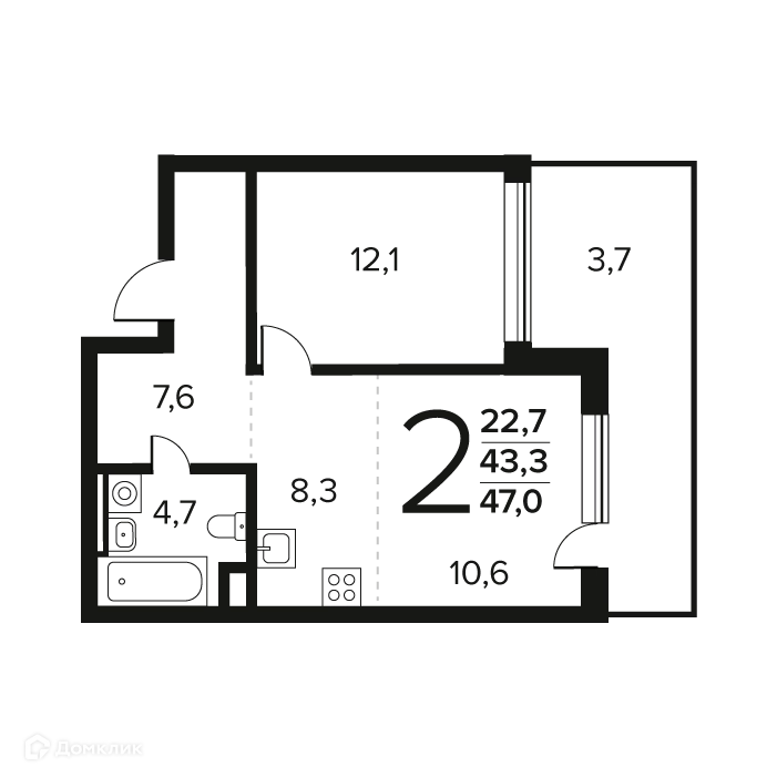 2-комнатная квартира 47 м² Новые Ватутинки Заречный