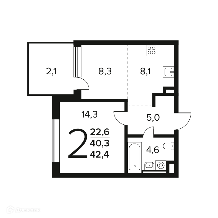 2-комнатная квартира 42.4 м² Новые Ватутинки Заречный