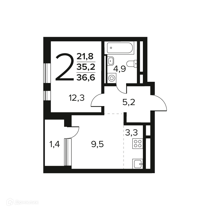 2-комнатная квартира 36.6 м² Новые Ватутинки Заречный
