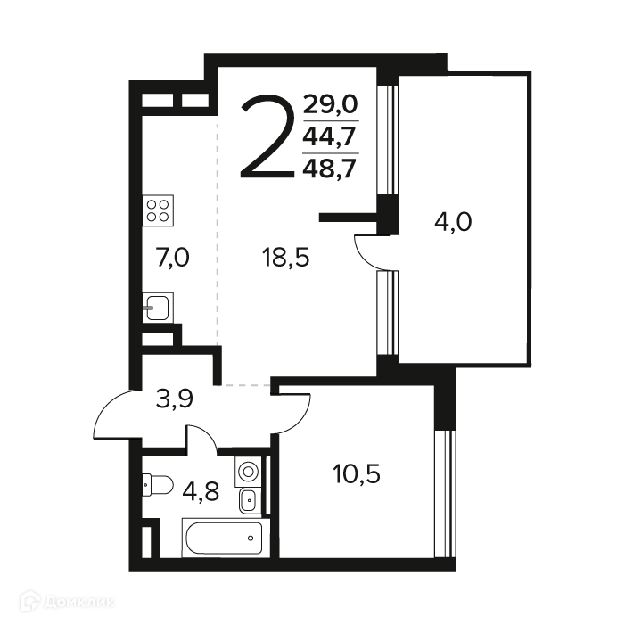 2-комнатная квартира 48.7 м² Новые Ватутинки Заречный