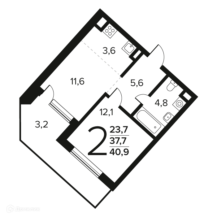 2-комнатная квартира 40.9 м² Новые Ватутинки Заречный