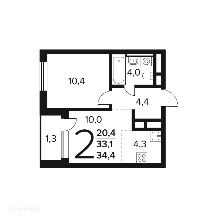 2-комнатная квартира 34.4 м² Новые Ватутинки Заречный