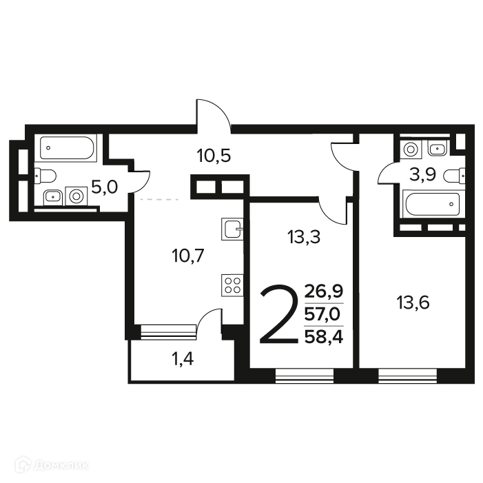 2-комнатная квартира 58.4 м² Новые Ватутинки Заречный