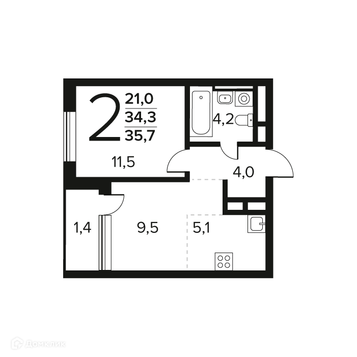 2-комнатная квартира 35.7 м² Новые Ватутинки Заречный