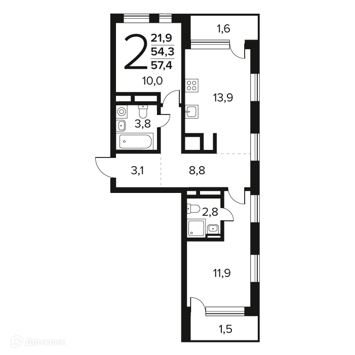 2-комнатная квартира 57.4 м² Новые Ватутинки Заречный