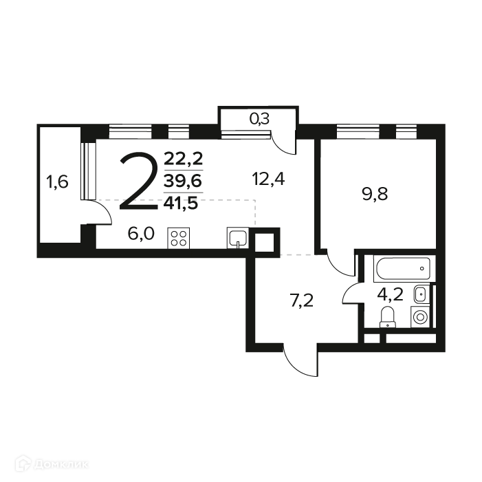 2-комнатная квартира 41.6 м² Новые Ватутинки Заречный