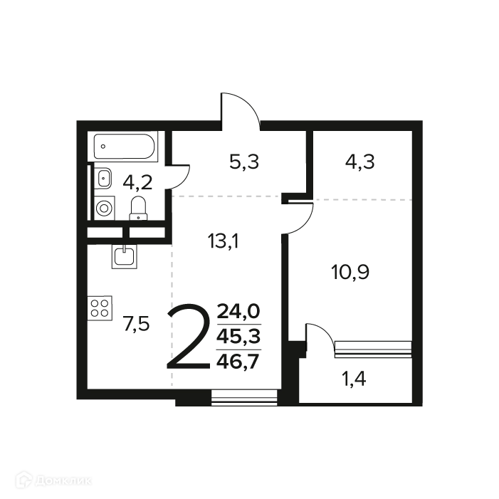 2-комнатная квартира 46.7 м² Новые Ватутинки Заречный