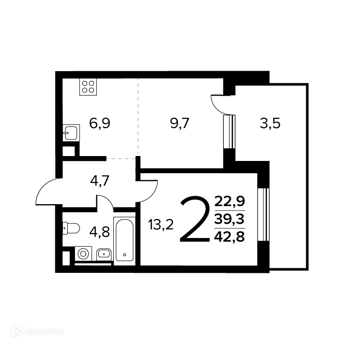 2-комнатная квартира 42.8 м² Новые Ватутинки Заречный