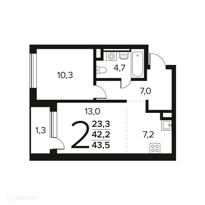 2-комнатная квартира 43.5 м² Новые Ватутинки Заречный