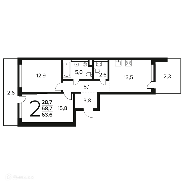 2-комнатная квартира 63.6 м² Новые Ватутинки Заречный