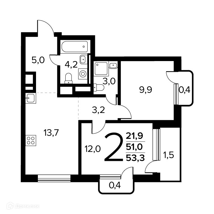 2-комнатная квартира 53.3 м² Новые Ватутинки Заречный