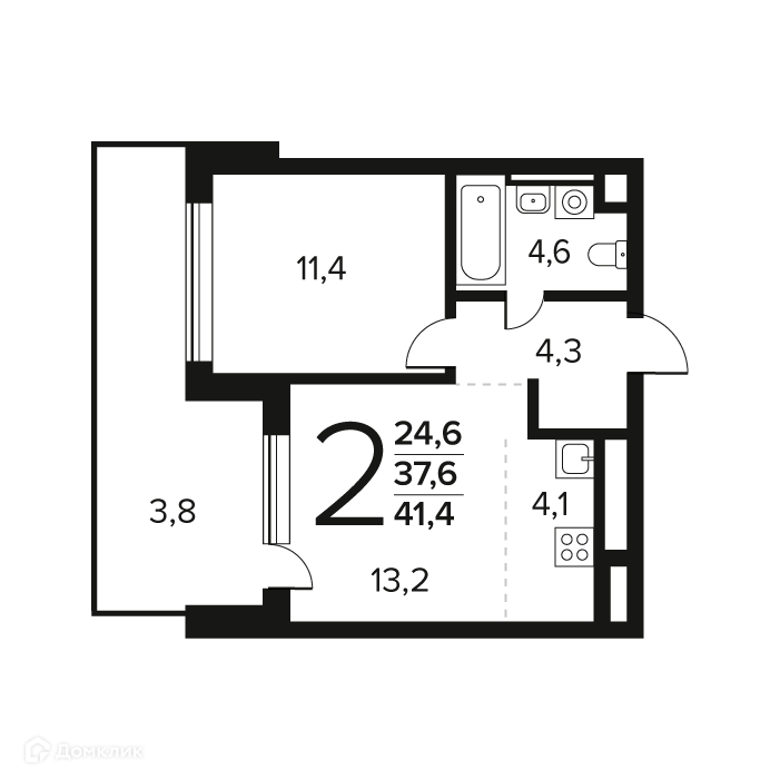 2-комнатная квартира 41.4 м² Новые Ватутинки Заречный
