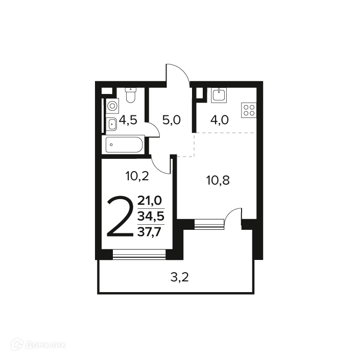 2-комнатная квартира 37.7 м² Новые Ватутинки Заречный
