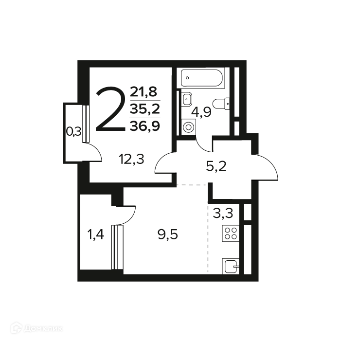 2-комнатная квартира 36.9 м² Новые Ватутинки Заречный
