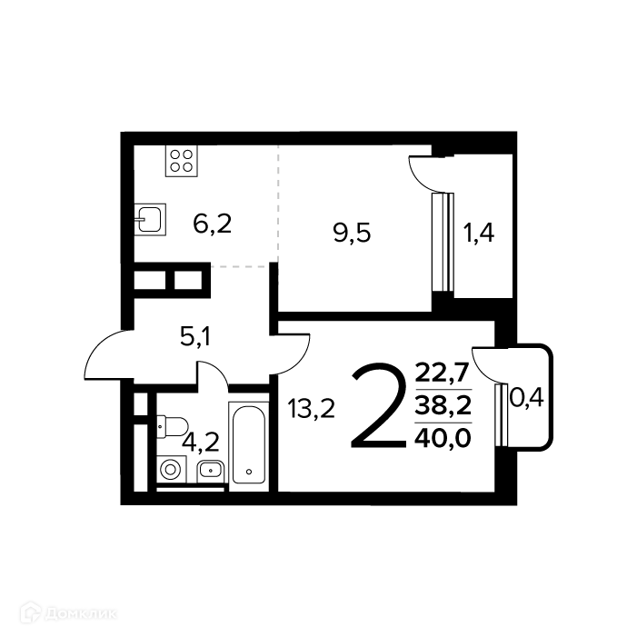 2-комнатная квартира 40 м² Новые Ватутинки Заречный