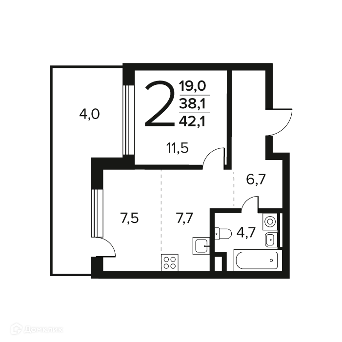 2-комнатная квартира 42.1 м² Новые Ватутинки Заречный