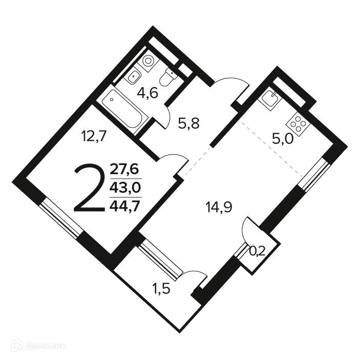 2-комнатная квартира 44.7 м² Новые Ватутинки Заречный