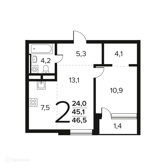 2-комнатная квартира 46.5 м² Новые Ватутинки Заречный