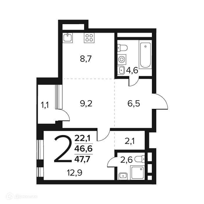 2-комнатная квартира 47.7 м² Новые Ватутинки Заречный