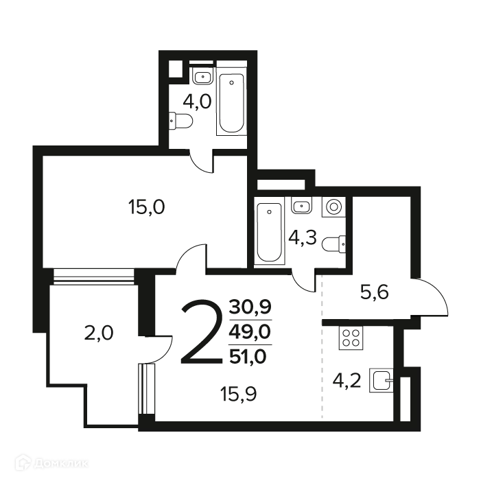 2-комнатная квартира 51 м² Новые Ватутинки Заречный