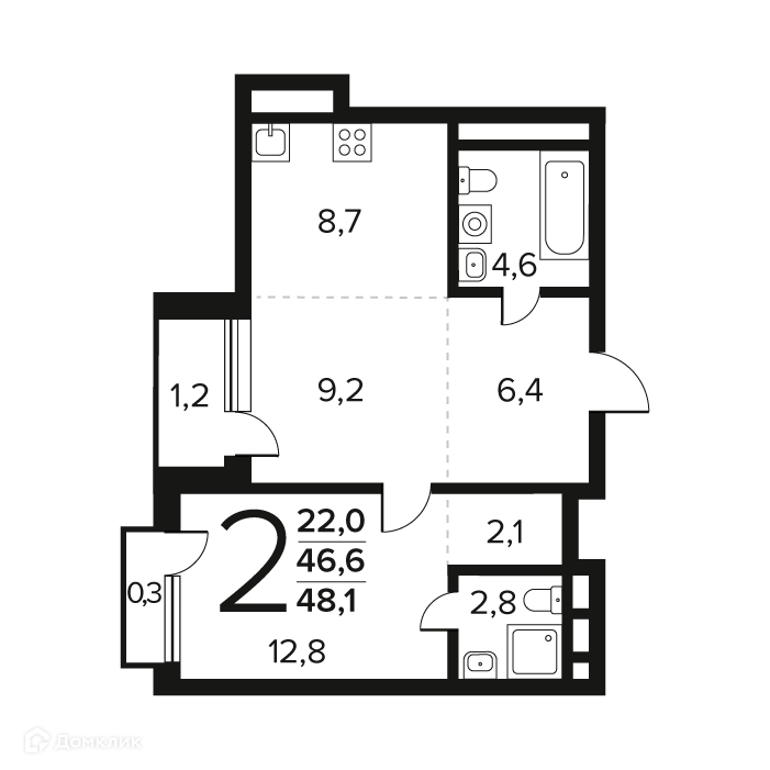 2-комнатная квартира 48.1 м² Новые Ватутинки Заречный