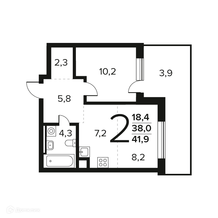2-комнатная квартира 41.9 м² Новые Ватутинки Заречный