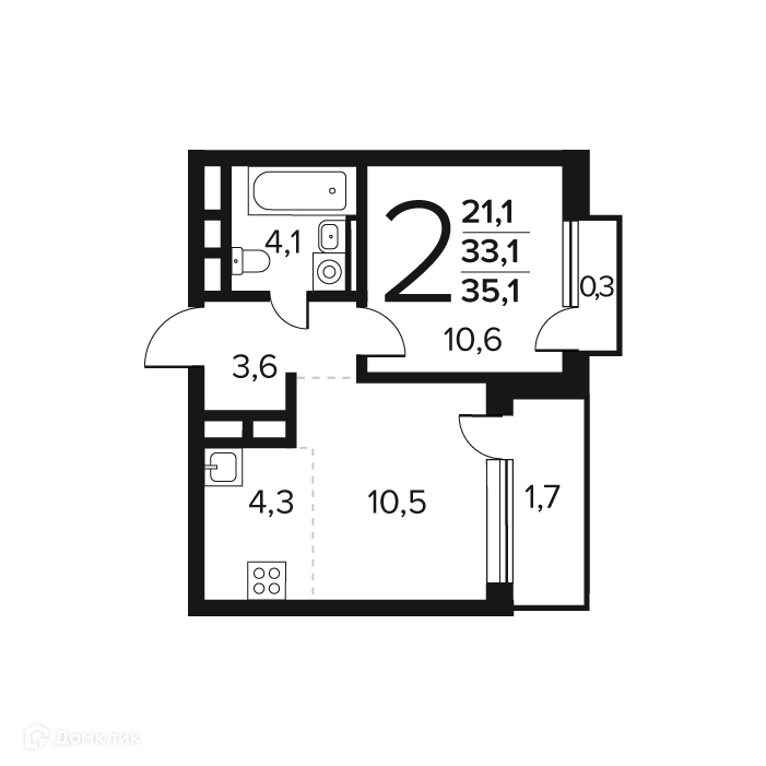 2-комнатная квартира 35.1 м² Новые Ватутинки Заречный