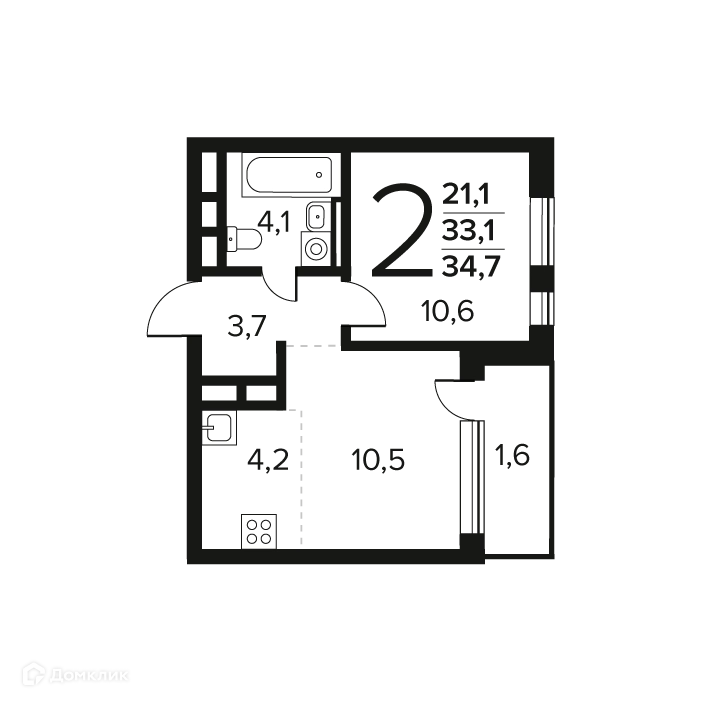 2-комнатная квартира 34.7 м² Новые Ватутинки Заречный
